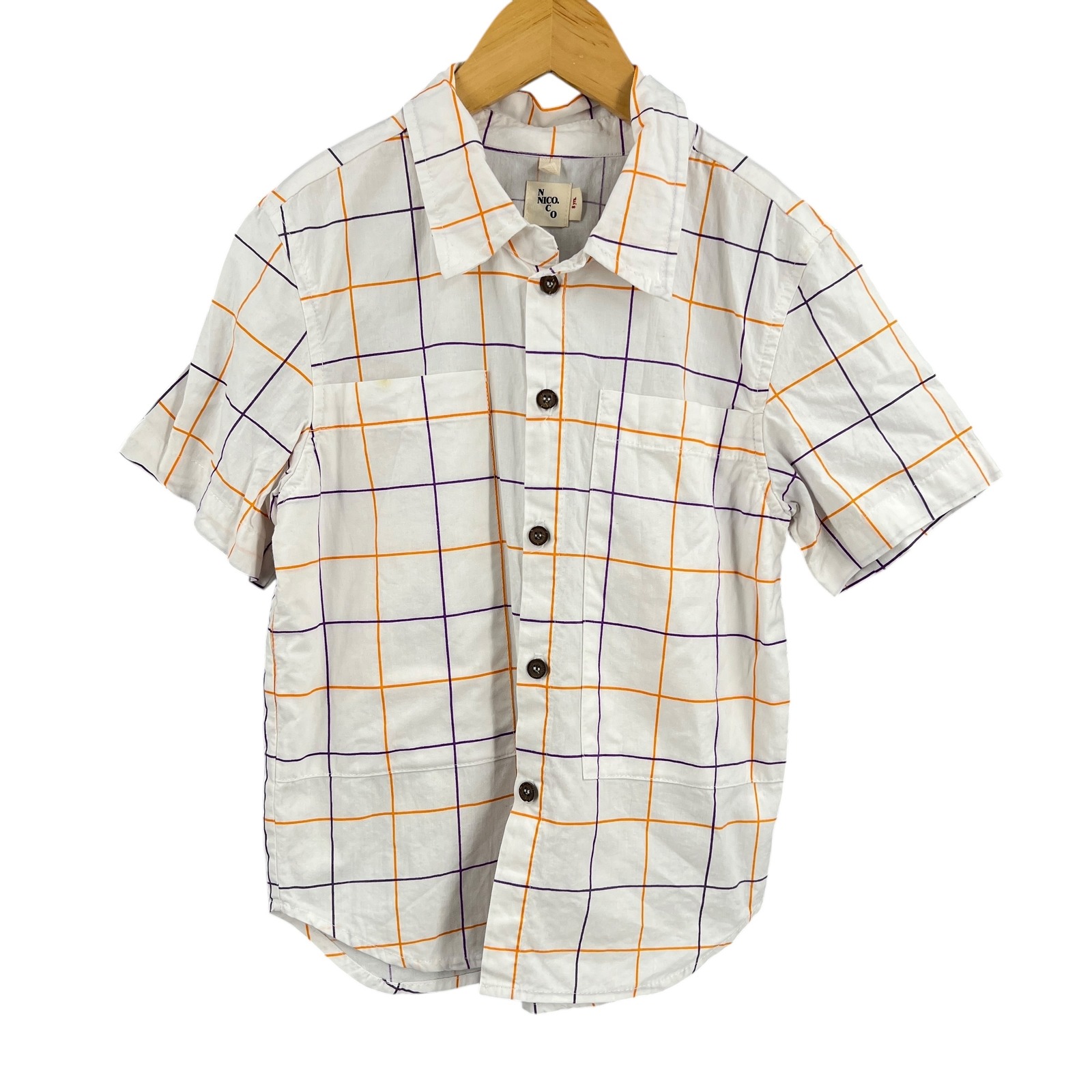 Nico.Nico Short Sleeve Check Button Shirt White Orange Purple Size 8y